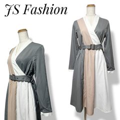 【新品未使用品】JS Fashion✨ワンピース キャバドレス ナイトドレス カシュクールワンピース 長袖 グレー 灰色 ホワイト 白 くすみピンク ベルト付き S フレアスカート