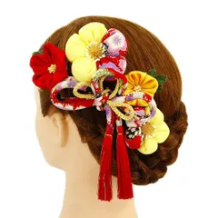 髪飾り 成人式 つまみ細工 赤 振袖 前撮り 袴 浴衣 夏祭り 花火大会 5点セット 黄色 ちりめん 房付き 組紐 和柄 ヘアアクセ か No.9-3310