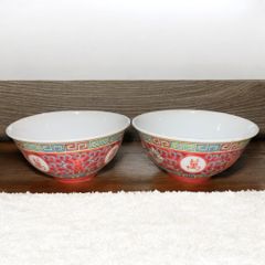 中国美術 景徳鎮 70年代輸出品 2客揃え 印あり 蛍焼 希少 色絵 中国雑貨 直径9.5cm