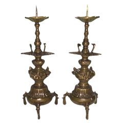 燭台1対　銅製　23cm　仏教美術　時代物　栄翠銘　鶴　飛天
