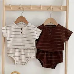 ワッフルボーダーセットアップ  ベビー キッズ おしゃれ半袖Tシャツとパンツ 60 70 80 90 韓国子供服風 ブラウン アイボリー ベージュ ペアルック 兄弟 お揃い 夏 シンプル カジュアル 男の子 女の子兼用 セットアップ 赤ちゃん