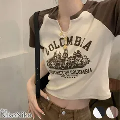 ショップにこにこ チビTシャツ クロップド丈 ラグラン スリットネック  Vネック ma 【即納】 チビT 小さめ y2k 半袖 ヘンリーネック ロゴ レタリング Y2Kファッション 韓国ストリート レディース プチプラ トレンド 人気 おすすめのサムネイル