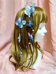 紫陽花と幻想的蝶のブルーヘアクリップ2点セット