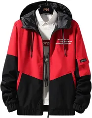 emptio エンプティオ フード付き アウトドア ジップアップ ジャケット メンズ 襟なし 軽量 プリント アウター ライン バックプリント ワンポイント フィット アルファベット ジャンパー オーバーサイズ もこもこ(レッドブラック,  M)