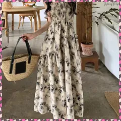 送料無料 花柄 キャミワンピース 胸元シャーリング Aラインワンピース レディース ハイウエストロングワンピース 大人可愛い 10代20代30代 リゾートワンピース 着やせ サロペットワンピ夏 フラワーワンピース ノースリーブワンピ