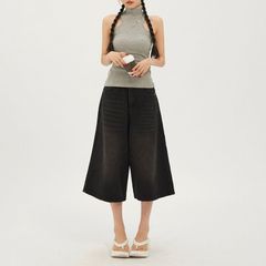 アメリカンストリートスタイル　ヴィンテージインス風　ワイドレッグ七分丈パンツ　女性用　ハイウエスト　カジュアルデニムパンツ