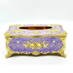 ヨーロッパ風 高級 ティッシュボックスケース パープル ゴールド ロココ調 北欧 ラグジュアリー 海外 インテリア 紫 金 おしゃれ   猫足  薔薇 フラワー  ヨーロッパ調 ラインストーン モダン ya