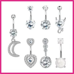 プラチナ [Jstyle] 14G ボディピアス レディース ヘソ ピアス 悪魔 ハート 月 ステンレス ピアス 臍 金属アレルギー対応 かわいい 誕生日 プレゼント クリスマス 7個 プラチナ ピンクゴールド キラキラ ボディピアス (プラチナ)
