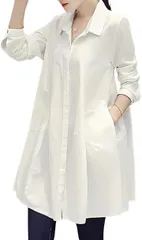bubu o_hana(ブブ オーハナ) シャツ ブラウス チュニック 丈 長袖 比翼仕立て 無地 ポケット 付き レディース 女性 用 ゆったり 大きめ レギュラー ワンピース 長め ロング オーバー サイズ ビッグ 速乾性(ホワイト,  M)
