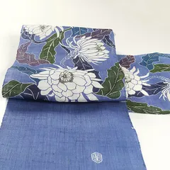 【りこぴん様専用ページ】ona4296 夏帯 栗山吉三郎 本大麻 和染め 紅型 九寸 名古屋帯 月下美人 群青色 お仕立て付き ２～３週間で発送