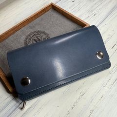 【トラッカーウォレット ロング 2層】 ネイビー 栃木レザー シルバー YKK