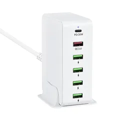 USB 充電器 合計65W PD 急速充電器 6ポート【PD20W&QC3.0/6台同時充電/1.2Mケーブル＆スタンド付】USB-C*1&USB-A*5 携帯電話 充電器 acアダプター ハブ 電源タップ 軽量 小型 スマホ充電器（ホワイト） 0