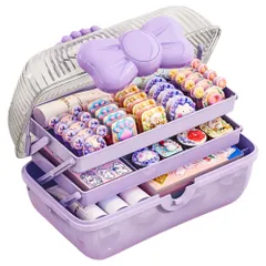 ☆ パープル ☆ 収納ボックス リボン たっぷり収納 ジュエリーボックス リボン 大容量 子供用 アクセサリーボックス アクセサリーケース ジュエリーケース 収納ボックス 小物入れ 収納ケース 宝石箱 バスケット 3段 ハンドル付き たっぷり 持ち運び 整理