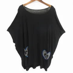 #a 伊太利屋 ITALIYA チュニック 11号 黒 半袖 ニット カットソー ラインストーン ハート ウール 100％ 日本製 レディース [963048] k01