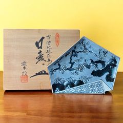 【5客セット】有田焼 藤太郎作 変形五角皿 [梅鳥草花文] 染付 変形皿 作家物 盛り皿 飾り皿 古美術 和食器 骨董品 アンティーク