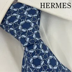 《美品》HERMES (エルメス) シルクネクタイ チェーン柄、総柄 (シェーヌ・ダンクル柄) ネイビー ブルー系