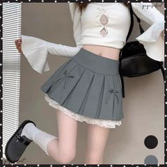 ボックスプリーツスカート ミニスカート夏 レディース ハイウエスト ショート丈スカート インナーパンツ付き Aラインスカート 裾レース ボリューム 細見えスカート キュロットスカート 膝上丈ミニスカート フレアスカート通学