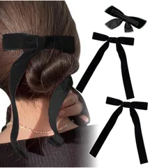 【在庫処分】[Herbeluemily] ベロア リボン ヘアアクセ ヘアゴム クリップ バレッタ ヘアアレンジ ヘアアクセサリー ベルベット クリップタイプ ブラック 2個セット HM-0072-R01-BKset-CL