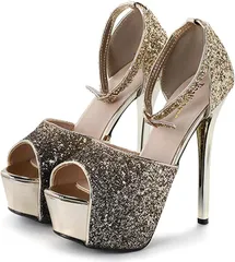 キッソス（ＫＩＳＳＯＳ） レディース ハイヒール スパンコール アンクルストラップ ピンヒール オープントゥ サンダル パンプス( ゴールド,  23.0 cm)