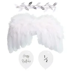 【数量限定】ハーフバースデー 天使羽 バルーン ヘアバンド 風船 羽根 寝相アート 衣装 可愛い 飾り エンジェル 舞台 エンジェルセット 写真 赤ちゃん 撮影 天使の羽 新生児用 [BTtime] (ホワイト)