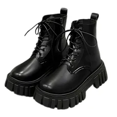[ALVEIN] 厚底 ブーツ ショートブーツ レースアップ シークレット レディース ビッグヒール ジップアップ サイドジッパー 美脚 (ブラック, 22.5 cm) [ブラック] [22.5 cm]