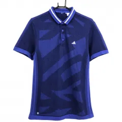 【超美品】アディダス ニット半袖ポロシャツ ブルー×黒 総柄 サイド3ライン メンズ  ゴルフウェア 2022年モデル adidas