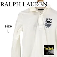 90sヴィンテージ RALPH LAUREN ラルフローレン トリプルポニー 長袖ポロシャツ ビッグロゴ ホワイト ロゴネイビー Lサイズ メンズ ビンテージ