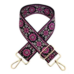 ☆ Q（ブラック×パープル花） ☆ ショルダーストラップ ショルダーベルト 刺繍 ショルダーストラップ バッグ 刺繍 幅広 太め ショルダーベルト バッグ用 バック バック用 ショルダーストラップのみ エスニック 交換用 肩掛け 斜めがけ おしゃれ オシャレ