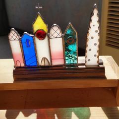 新作★happy houseパネル　小さな教会ガラスインテリア雑貨幸せの小さなお家街並み
