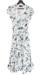 ラルフローレン RalphLauren ポロ POLO 現行タグ フローラル ラッフルトリム ラップ ミディ ドレス ラップ 巻き ラップシルエット ラッフルトリム 花柄 フリル リボン WHITE 白 ワンピース ホワイト SIZE2 104LT-190