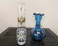 MURANO・ ITALY ムラノガラス・一輪挿しペア（ブルー・金　＆　ハンドペイントフラワー）