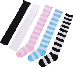 Lunon （ルノン） 男の娘 コスプレ 女装 用 ニーハイソックス 5組セット 無地 ／ ボーダー(ホワイト)