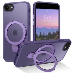 【迅速発送】DUEDUE iPhone SE ケース 第2世代 第3世代 MagSafe対応 iPhone8/7 ケース マグネット搭載 リングスタンド機能 120°開閉可能 ダークパープル 半透明デザイン 指紋防止 耐衝撃 一体型 薄型 TPUケース 車載ホ