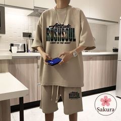上下セット メンズ 半袖 アメカジ ロゴお 夏 Tシャツ ハーフパンツ セットアップ ゆったり 韓国 ファッション ビッグTシャツ 上下 ショート