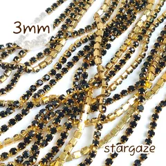 【 1m 】 約3㎜ ラインストーンチェーン 連爪 ブラック×ゴールド台座
