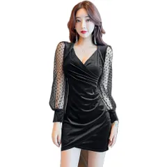 キッソス（ＫＩＳＳＯＳ） ワンピース レディース 透け感 ミニ丈 Vネック 長袖 パーティー お呼ばれ キャバドレス セクシー お洒落 (JP, アルファベット, XL, ブラック) [ブラック] [XL]