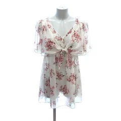 レストローズ L'EST ROSE シアーブラウス 半袖 フレア袖 シフォン Vネック ギャザー リボン 花柄 レース 2 ライトベージュ /CTのサムネイル