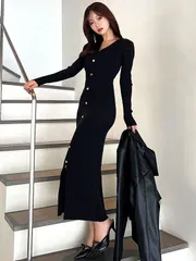 RESEXXY リゼクシー ゴールド ボタン タイト ニット ワンピース 春 夏 きれいめ タイトワンピ ロングワンピ スリット入り タイトシルエット ニットワンピ 152510304101