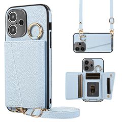 【特価商品】スマホケース いphone16 ショルダー カバー PUレザー アイフォン16 肩掛け 手帳型 斜めかけ マグネット式 ケース ICカード収納 鏡付き 16 写真入りポケット iPhone 調節可能な 携帯ケース TENSIK ブルー
