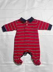 【207801】RALPH LAUREN ラルフローレン  ベビー服　ポロ ロンパース 0-3M　ストライプ  ・ 赤/紺