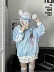 傷だらけ少女✴︎プリント　地雷系　パーカー　ゴスロリ　ファッション　原宿　スタイル　サブカル　ファッション　天使界隈　水色界隈　ロリィタ　服　ロリータ　界隈　春　夏　秋　長袖　可愛い　病みかわいい　痛　個性的　ロック