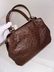 【二縁】オーストリッチ型押しハンドバッグ／ブラウン／USED良品