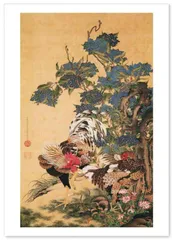 伊藤若冲　虎図　74センチ✖️54センチ　紫陽花双鶏図セット　ポスター額付き 伊藤若冲 虎図 74センチ✖️54センチ 紫陽花双鶏図セット