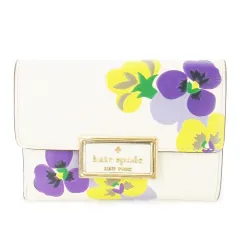 ケイトスペード KATE SPADE リーガン パンジー プリント ミディアム フラップ ウォレット 二つ折り財布 小銭入れあり レザー 革 パンジー 花柄 ロゴ ライトベージュ /CK30 ■GY01