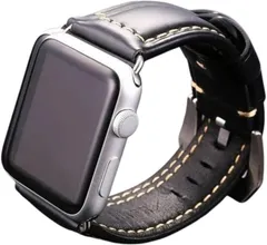 HARRY'S KITCHEN アップルウォッチ Apple Watch バンド 本革製 幅広24mm 厚さ6.3mm レザーバンド 交換ベルト Series10/9/8/7/6/5/4/3/2/1/Ultra/SE(ブラック,  ミディアム)
