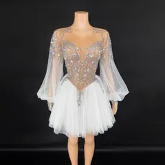 新品未使用 社交ダンスドレス ベリーダンス衣装 フリル ミニスカート ロングスリーブ 全面ダイヤモンド シースルー ステージ イブニングドレス【5カラー選択可能】