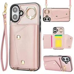【新品】 スマホカバー アイフォン16ケース 手帳型 PU革 カード収納 小銭入れ スマホケース iphone16 手帳型ケース 長ストラップ リング付き iphone 16 携帯カバー 肩がけ 首掛け 斜め掛け-ピンク