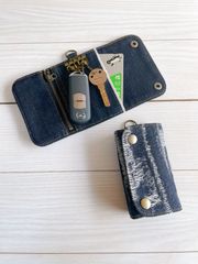 岡山ハードダメージ加工柄デニム　三つ折りキーケース　4連　スマートキーケース　カードケース　コインケース