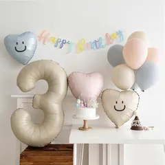 【くすみ カラー ナンバーバルーン付き 誕生日 飾り 風船 セット 】くすみカラーナンバーバルーン０～９より選べます　100日祝い   記念日　Happy Birthday  装飾 デコレーション  おうちフォト　インスタ