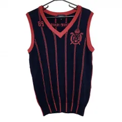 【超美品】パーリーゲイツ ニットベスト ネイビー×レッド ストライプ ウール100％ Vネック メンズ 6(XL) ゴルフウェア PEARLY GATES
